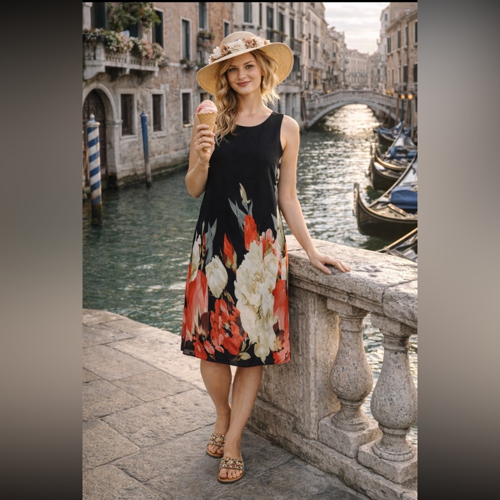 Carre Noir NWT  Black Midi Dress with Red and Cream Floral Hem Lined size SP.